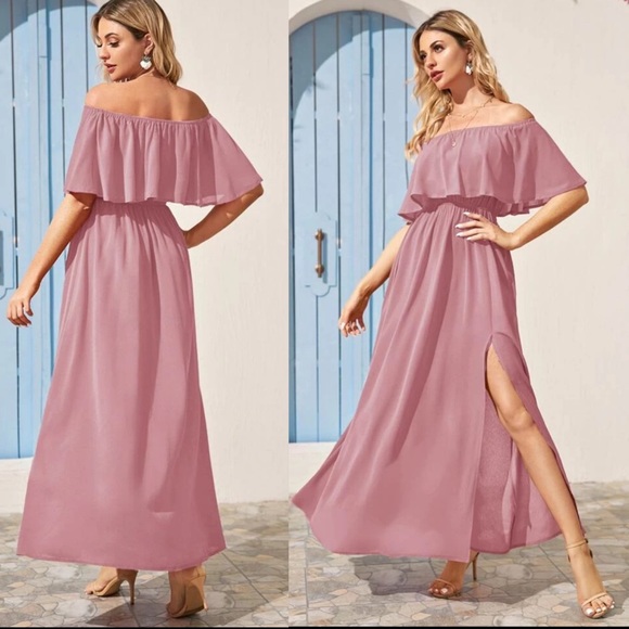 Off the shoulder ruffle maxi dress thigh slit - Picture 3 of 5